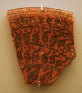 Chanhudaro Site. Fragment of Large Deep Vessel, circa 2500 B.C.E. Red pottery with red and black slip-painted decoration